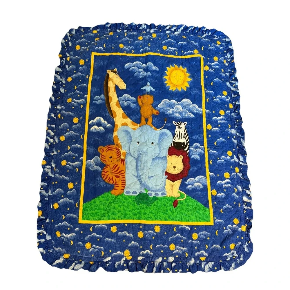 Vintage Handmade Baby Crib Quilt Celestial Moon Stars  Animals Blue Yellow 47x37